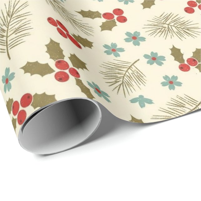 Papel De Presente Padrão de Natal Antigo com Azevinho e Pinheiro (Ponta do rolo)