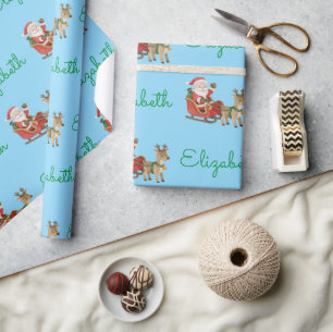 Papel De Presente Padrão de Natal Azul de Trenó de Papai Noel