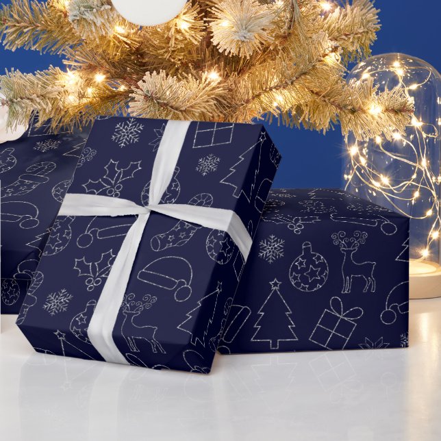 Papel De Presente Padrão de Natal Azul e Brilho Prateado Elegante (Feriados)