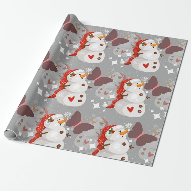 Papel De Presente Padrão de Natal Bonito Snowman e Borboletas (Desenrolado)