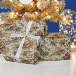 Papel De Presente Padrão de Natal Citrino Botânico Vintage Creme