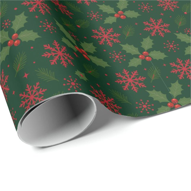 Papel De Presente Padrão de Natal com Folhas de Azevinho e Flocos de (Ponta do rolo)