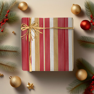 Papel De Presente Padrão de Natal com Listras Finas em Dourado e Ver
