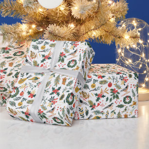 Papel De Presente Padrão De Natal Com Pássaros, Mortes E Doces