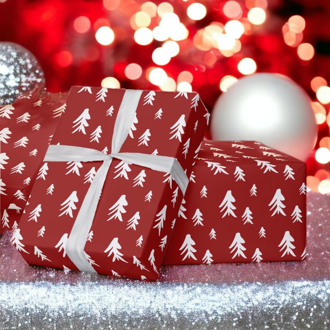 Papel De Presente Padrão de natal das árvores brancas vermelhas ilus (Red white trees illustration christmas pattern wrapping paper)