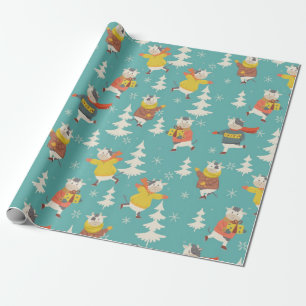Papel De Presente Padrão De Natal Das Vacas De Patinação De Gelo
