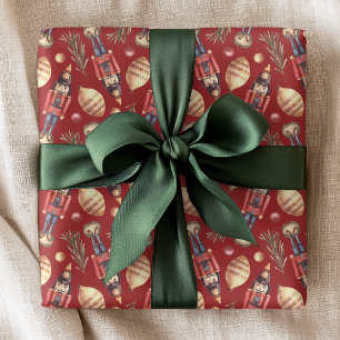Papel De Presente Padrão de Natal de Abeto com Quebra-Nozes em Aquar