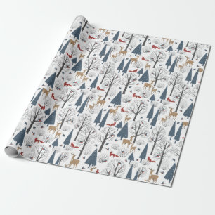 Papel De Presente Padrão de Natal de Animais na Floresta de Inverno