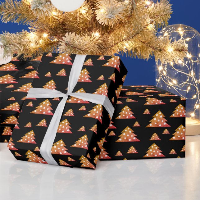 Papel De Presente Padrão de Natal de Árvore de Natal Preto Laranja (Feriados)