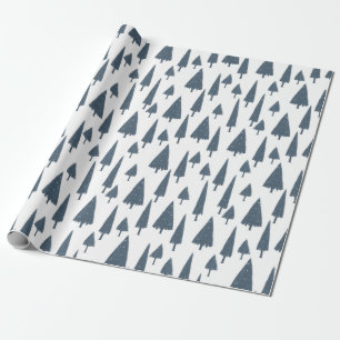 Papel De Presente Padrão de Natal de Árvores de Abeto Azul sobre Bra