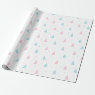 Papel De Presente Padrão de Natal de Árvores de Natal Azuis e Rosas