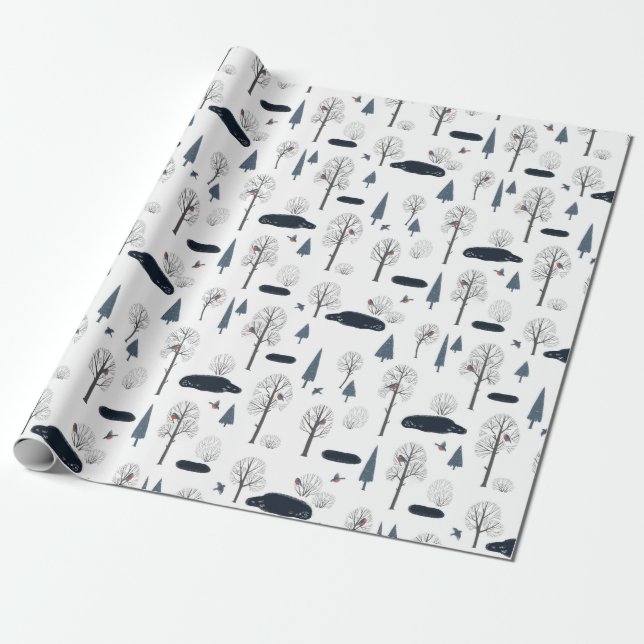 Papel De Presente Padrão de Natal de Árvores, Lagos, Pássaros na Nev (Desenrolado)