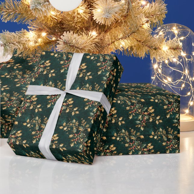 Papel De Presente Padrão de Natal de Azevinho Dourado e Verde (Feriados)