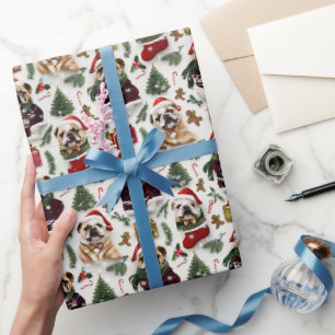 Papel De Presente Padrão de Natal de Bulldog com Chapéus de Papai No