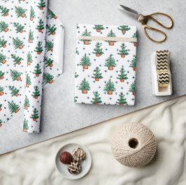 Papel De Presente Padrão de Natal de Casa de Campo com Árvore de Nat