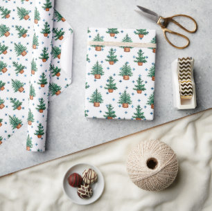 Papel De Presente Padrão de Natal de Casa de Campo com Árvore de Nat