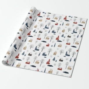 Papel De Presente Padrão de Natal de Casas, Árvores, Lagoa ou Lago
