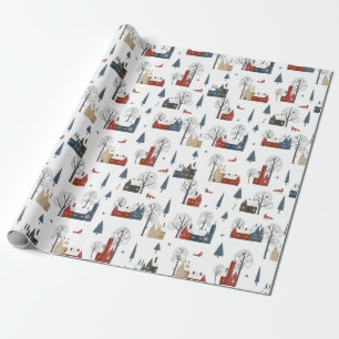 Papel De Presente Padrão de Natal de Casas de Aldeia e Raposa Vermel