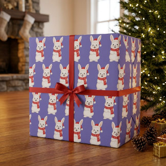 Papel De Presente Padrão de Natal de Coelho Santa Roxo Fofo