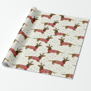 Papel De Presente Padrão De Natal De Dachshund E Flocos De Neve