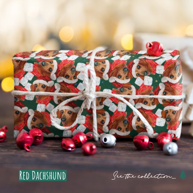 Papel De Presente Padrão de Natal de Dachshund Vermelho Fofo (Criador carregado)