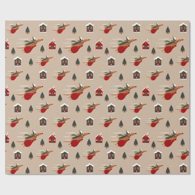 Papel De Presente Padrão de Natal de Dachshund Voador (Aberto)
