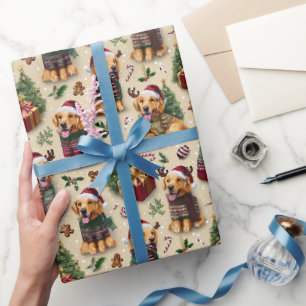 Papel De Presente Padrão de Natal de Férias do Golden Retriever