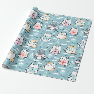 Papel De Presente Padrão de Natal de Gatos Divertidos, Bolas de Neve
