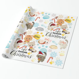 Papel De Presente Padrão de Natal de Gatos Fofos Patas, Texto de Flo