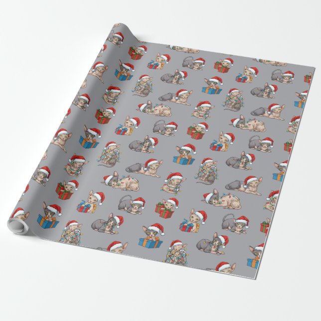 Papel De Presente Padrão de Natal de Gatos Sphynx Presente Prata (Desenrolado)