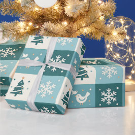 Papel De Presente Padrão de Natal de Inverno de Pássaros Fofos e Flo