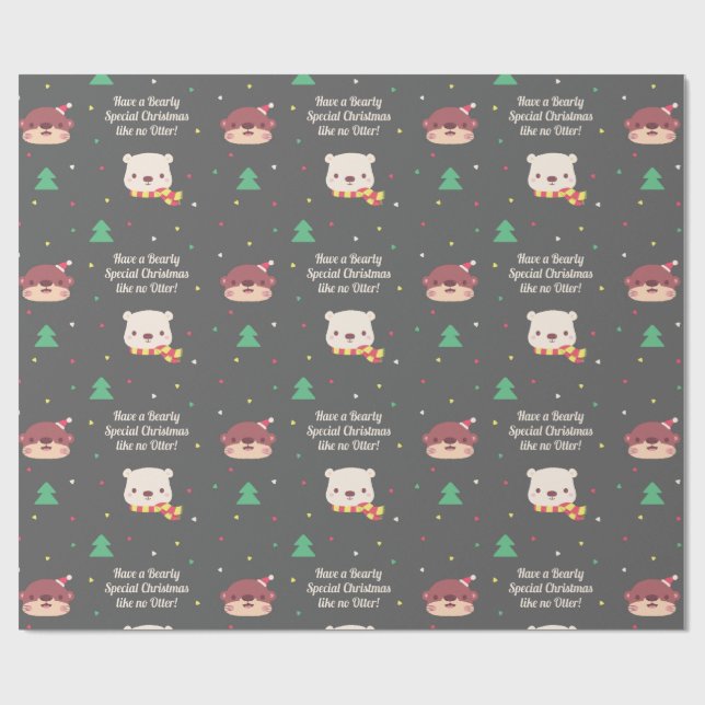 Papel De Presente Padrão de Natal de Lontra Fofa e Urso Polar (Aberto)