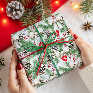 Papel De Presente Padrão de Natal de Pinhas e Galhos Rústicos