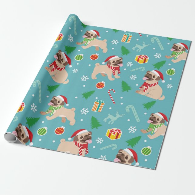 Papel De Presente Padrão de Natal de Pug Feliz (Desenrolado)