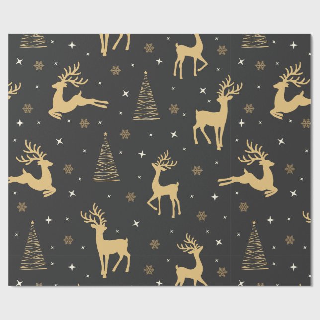 Papel De Presente Padrão de Natal de Rena Dourada e Preta  (Aberto)