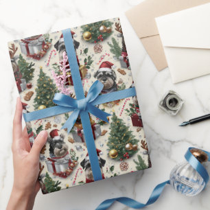 Papel De Presente Padrão de Natal de Schnauzer com Chapéu de Papai N