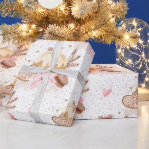 Papel De Presente Padrão de Natal de Sobremesa de Inverno Rosa e Dou