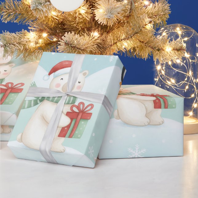 Papel De Presente Padrão de Natal de Ursos Polares e Pinguins Fofos  (Feriados)