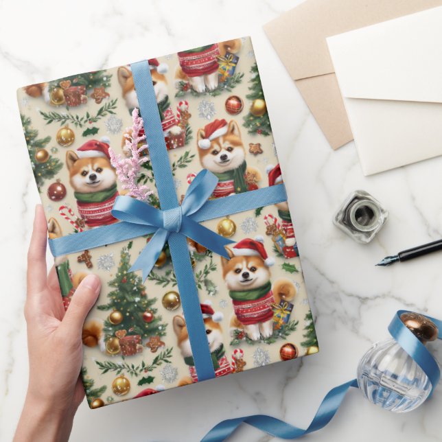 Papel De Presente Padrão de Natal do Cão Akita Festa (Presentear)