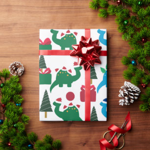Papel De Presente Padrão de Natal do Dinossaur Santa Hat