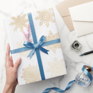 Papel De Presente Padrão de Natal do Floco de Neve Dourado e Branco