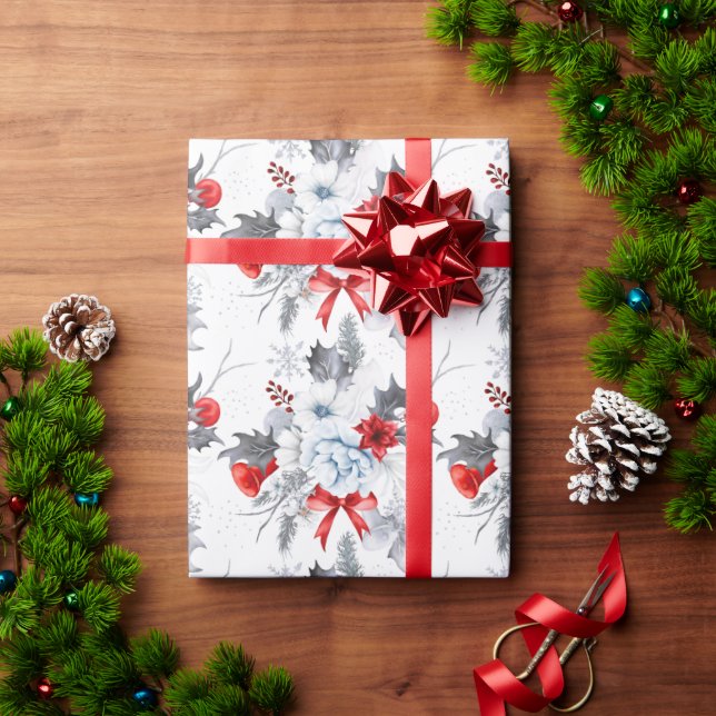 Papel De Presente Padrão de Natal do Gelo Vermelho com Aquarela (Presente de Natal)