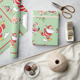 Papel De Presente Padrão de Natal do Papai Noel Flamingo Tropical