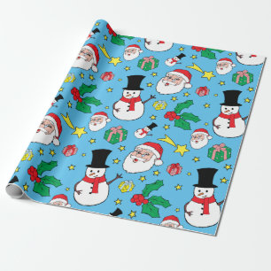 Papel De Presente Padrão de Natal do Star Santa Claus Snowman Azul