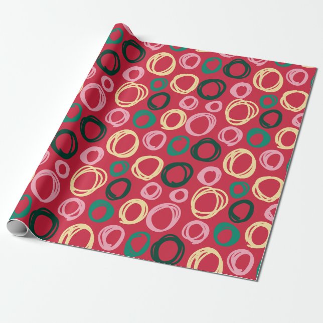 Papel De Presente Padrão de Natal dos Círculos Dourados Vermelhos Mo (Desenrolado)