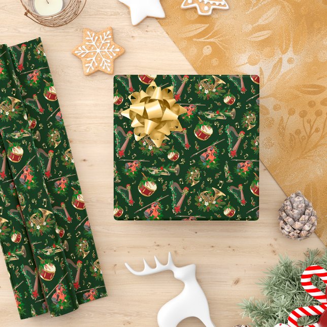 Papel De Presente Padrão de Natal dos Instrumentos Musicais Verde Es (Criador carregado)