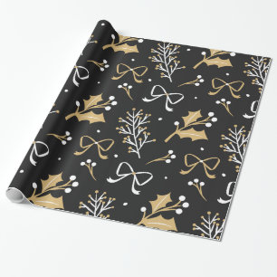 Papel De Presente Padrão de Natal Elegante Black Mistletoe Ribbon