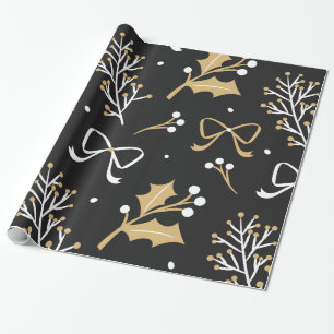 Papel De Presente Padrão de Natal Elegante Black Mistletoe Ribbon