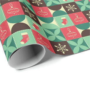 Papel De Presente Padrão de Natal em Patchwork Retro