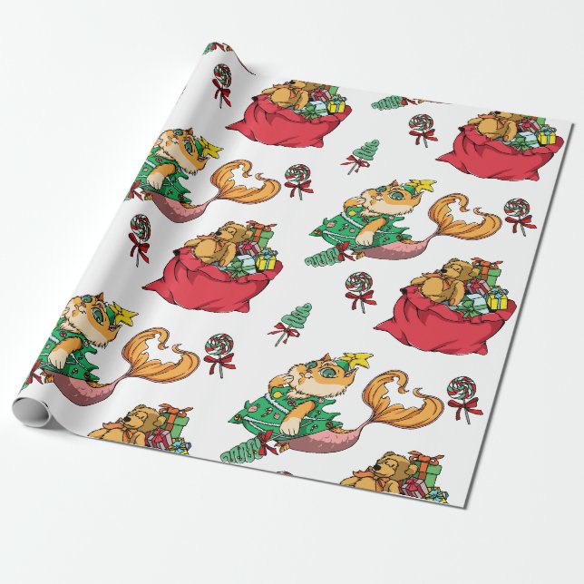 Papel De Presente Padrão de Natal Engraçado Gato de Sereia (Desenrolado)